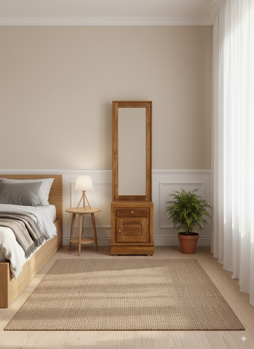 Minimalist Dressing Teak Full-Length Mirror with Storage