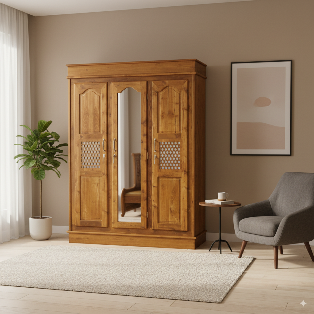 Artisan Teak Wardrobe with Mirrored Accent
