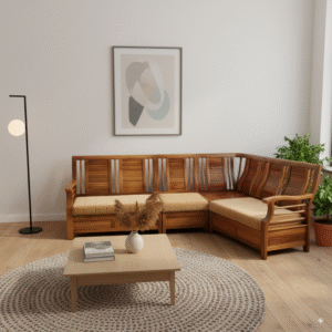 Modern Slatted Corner Sofa & "Contemporary Cube" Coffee Table